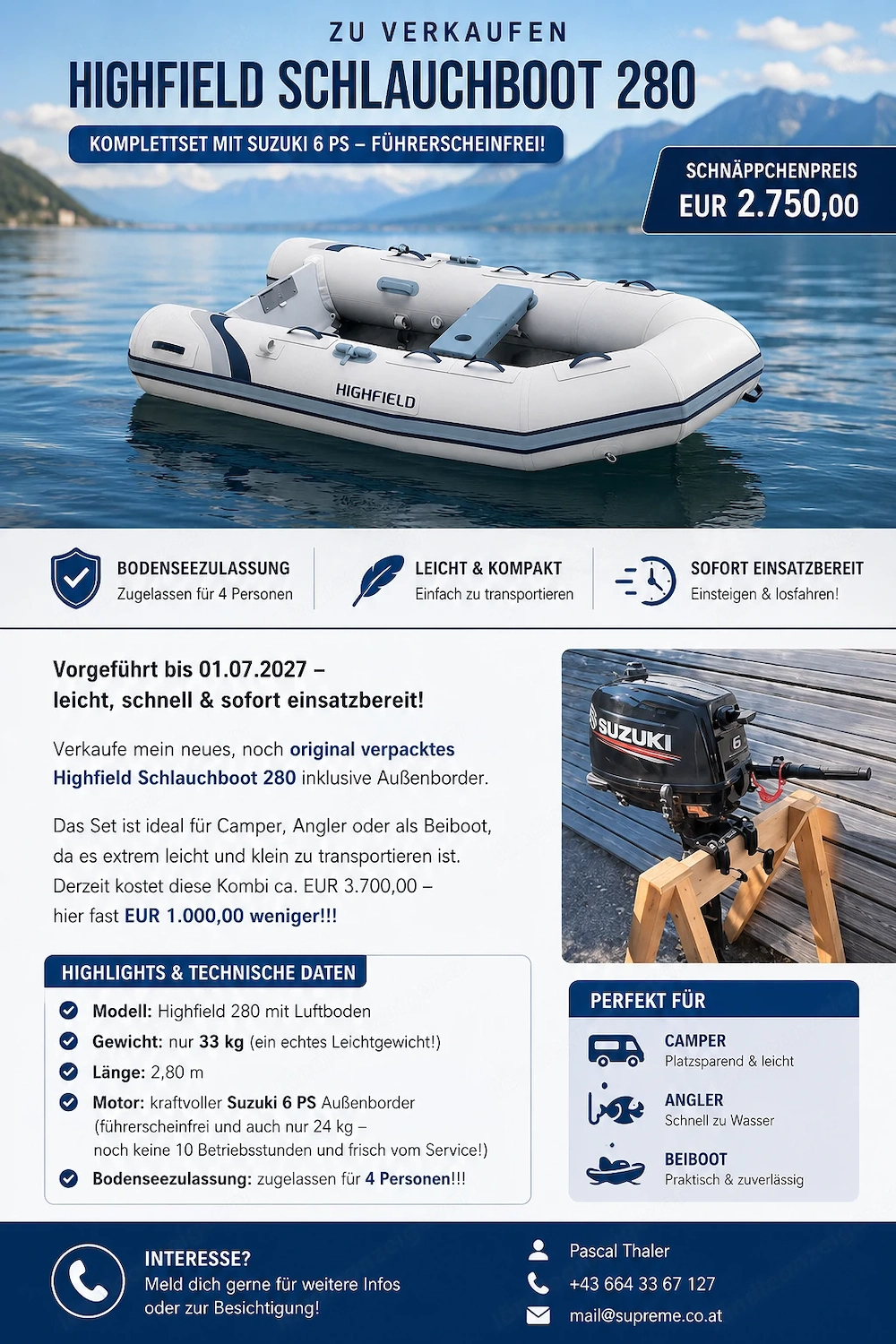Zu verkaufen highfield schlauchboot 280 komplettset mit suzuki 6 ps - führerscheinfrei!
