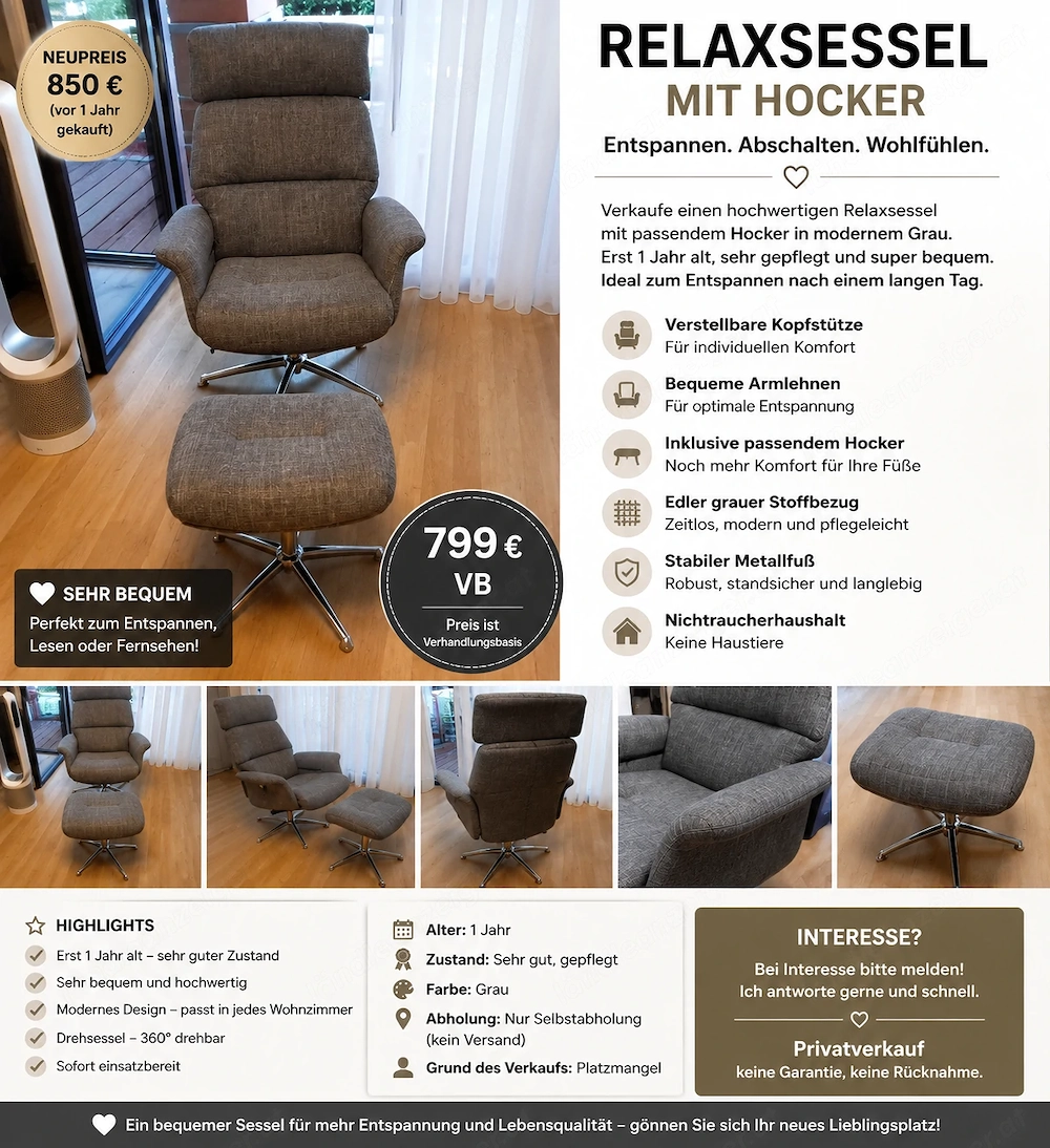 Relax-Sessel mit Kopfstütze und Armlehnen grau 179