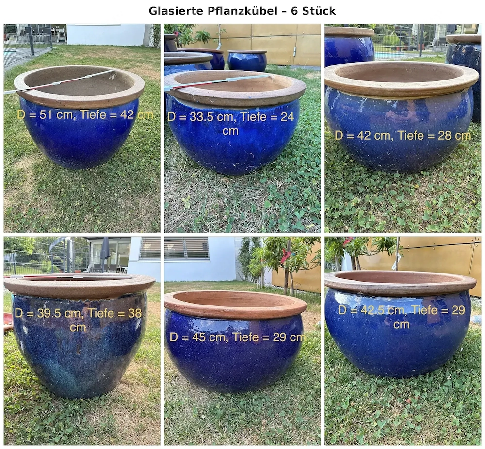 6 Keramik-Pflanzkübel, blau glasiert - Set
