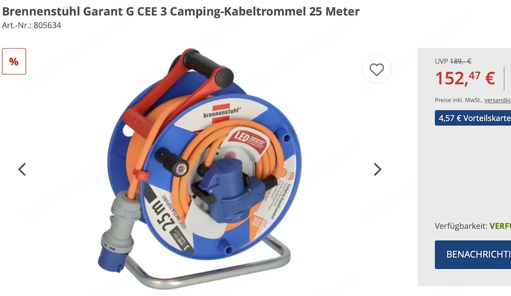 Brennstuhl CEE Camping-Kabeltrommel 25m