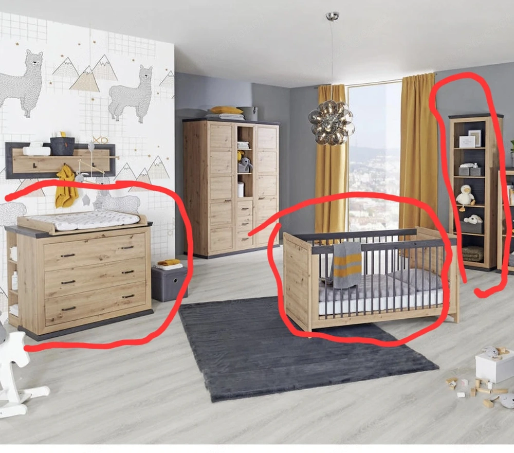 Baby- Kleinkind Kinderzimmer Gitterbett, Wickelkomode und Regal