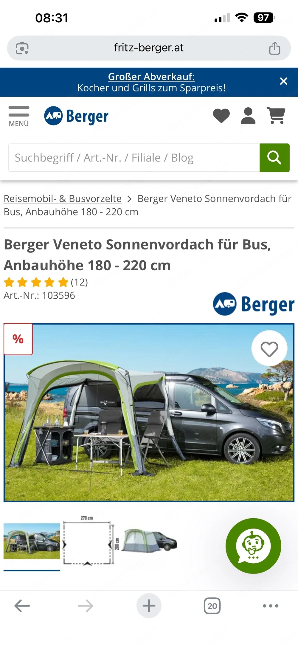 Busvorzelt Sonnenvordach Berger inkl magnetischer Kederleiste