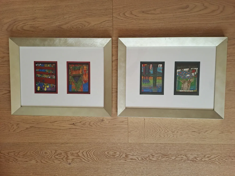 2 gerahmte Hundertwasser-Kunstbilder   4 bekannte Motive