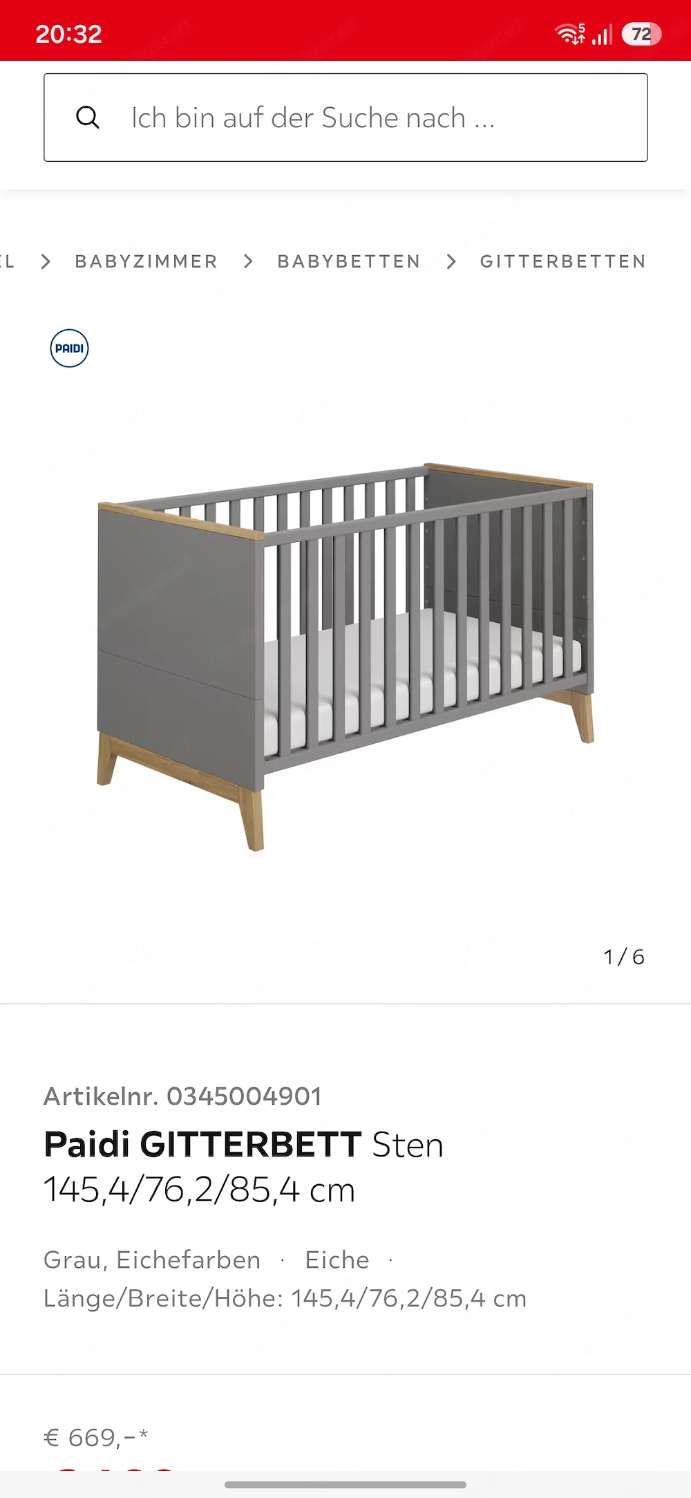 Gitterbett Paidi sten Grau Eiche 