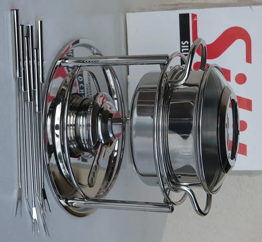 Silit Visio Fondue-Set Edelstahl Rostfrei: 6 Fonduegabeln, Glas-Spritzschutz, Rechaud m. Brenner, Si