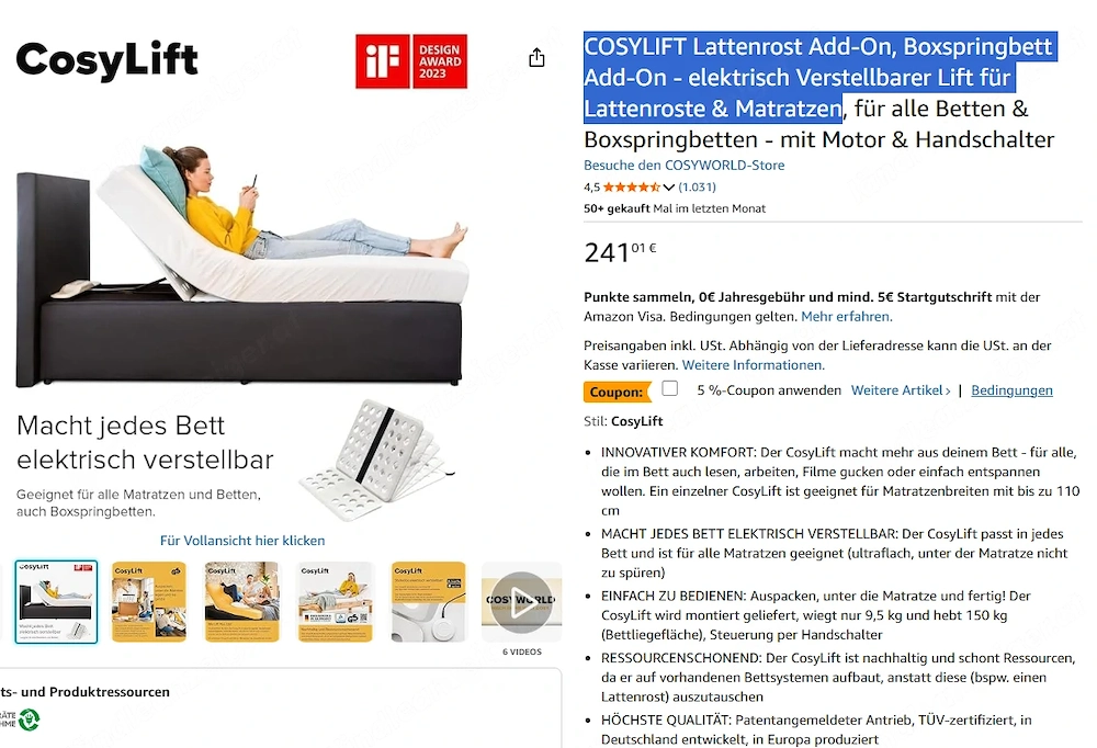 COSYLIFT Lattenrost Add-One, elektrisch Verstellbarer Lift für Lattenroste & Matratzen