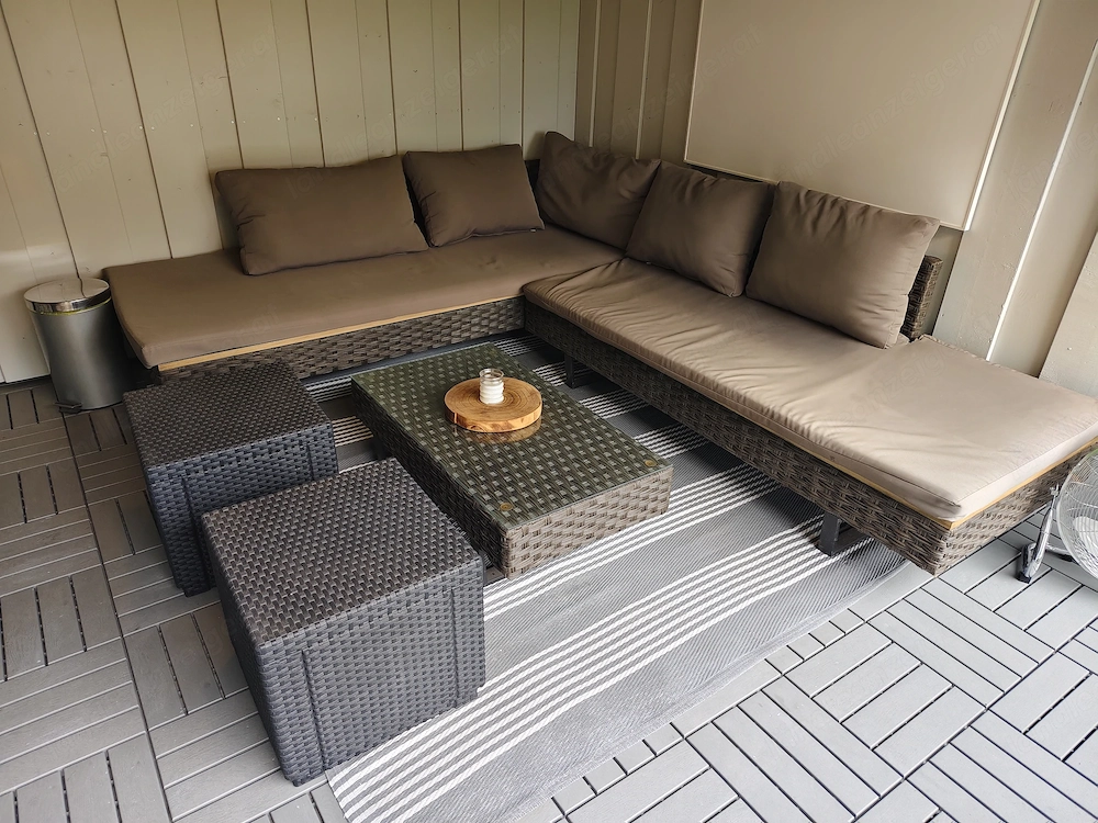 Gartenlounge Rattan mit Tisch und 2 Sessel