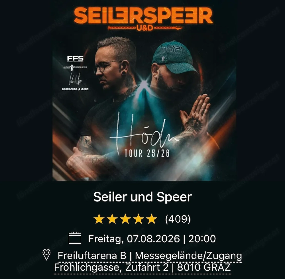3 Tickets Seiler und Speer Hödn Tour 2026 Graz ( )