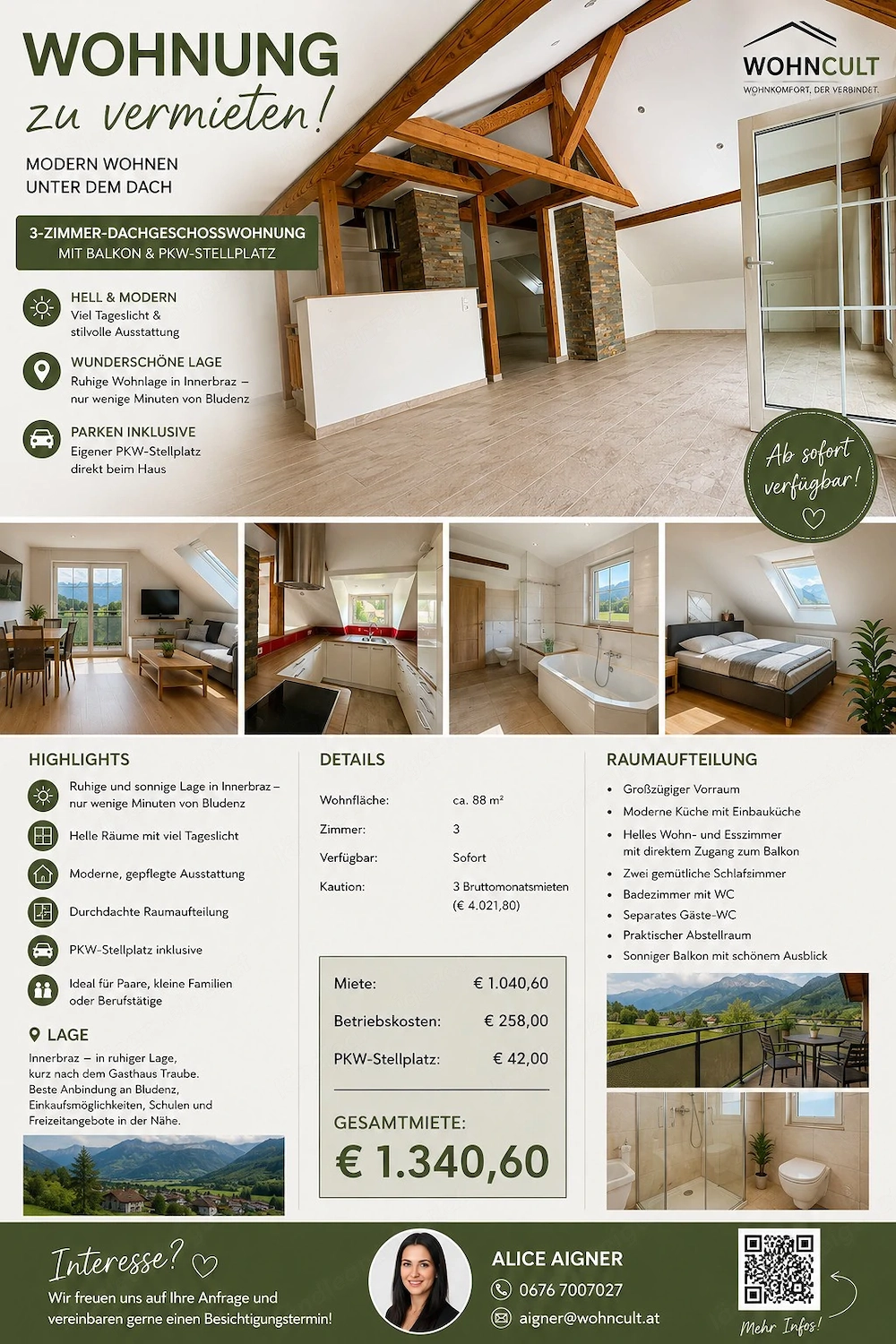  Schöne 3-Zimmer-Dachgeschosswohnung mit Balkon & PKW-Stellplatz   ab sofort verfügbar