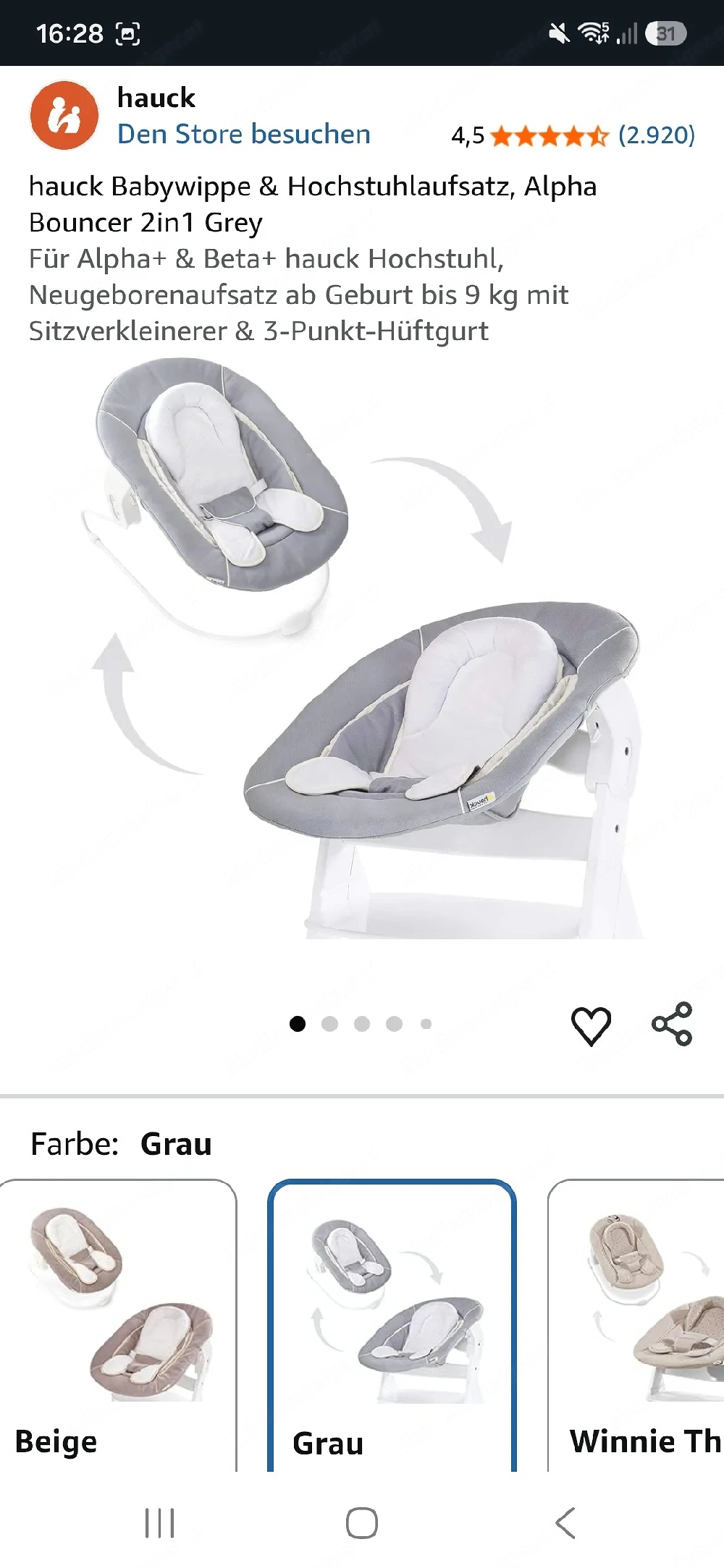Babyaufsatz Kinderhochstuhl Hauck Alpha Bouncer 2in1   Grau