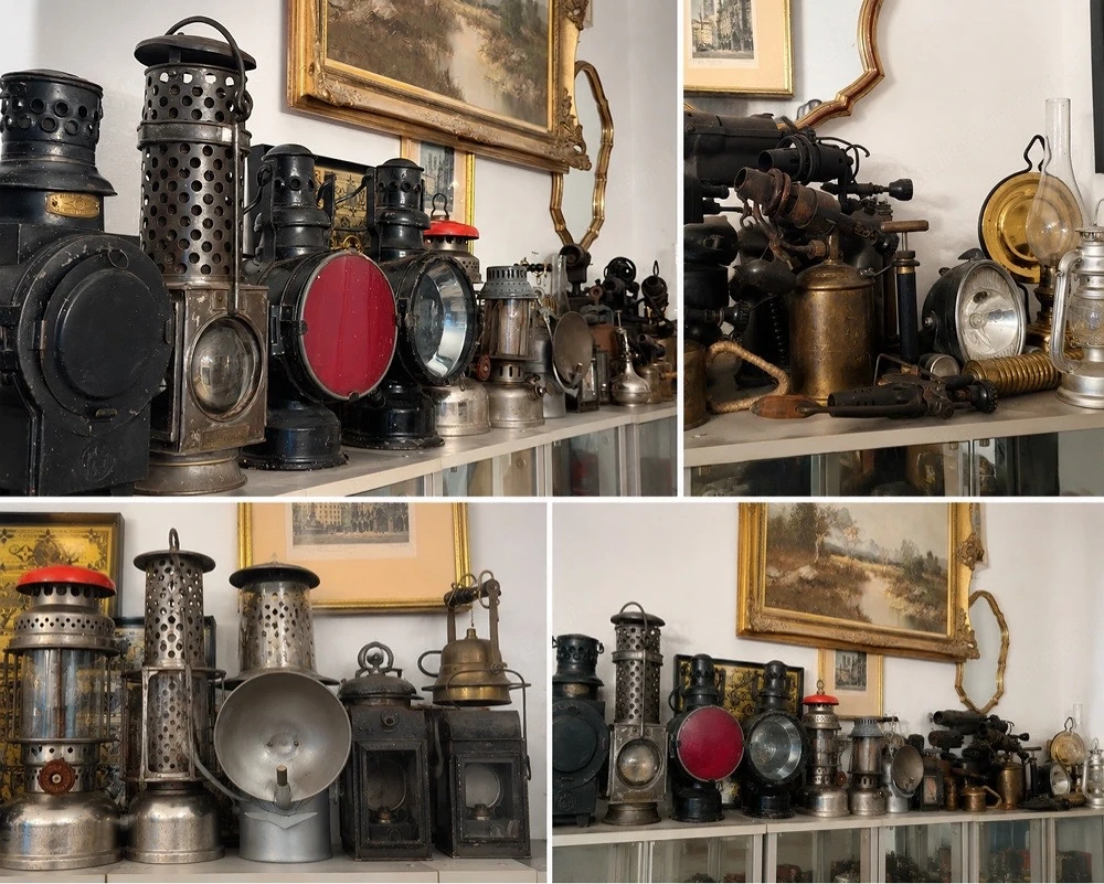 Große Sammlung antiker Eisenbahnlampen   Signallampen Petroleumlampen Laternen Vintage Konvolut Rari