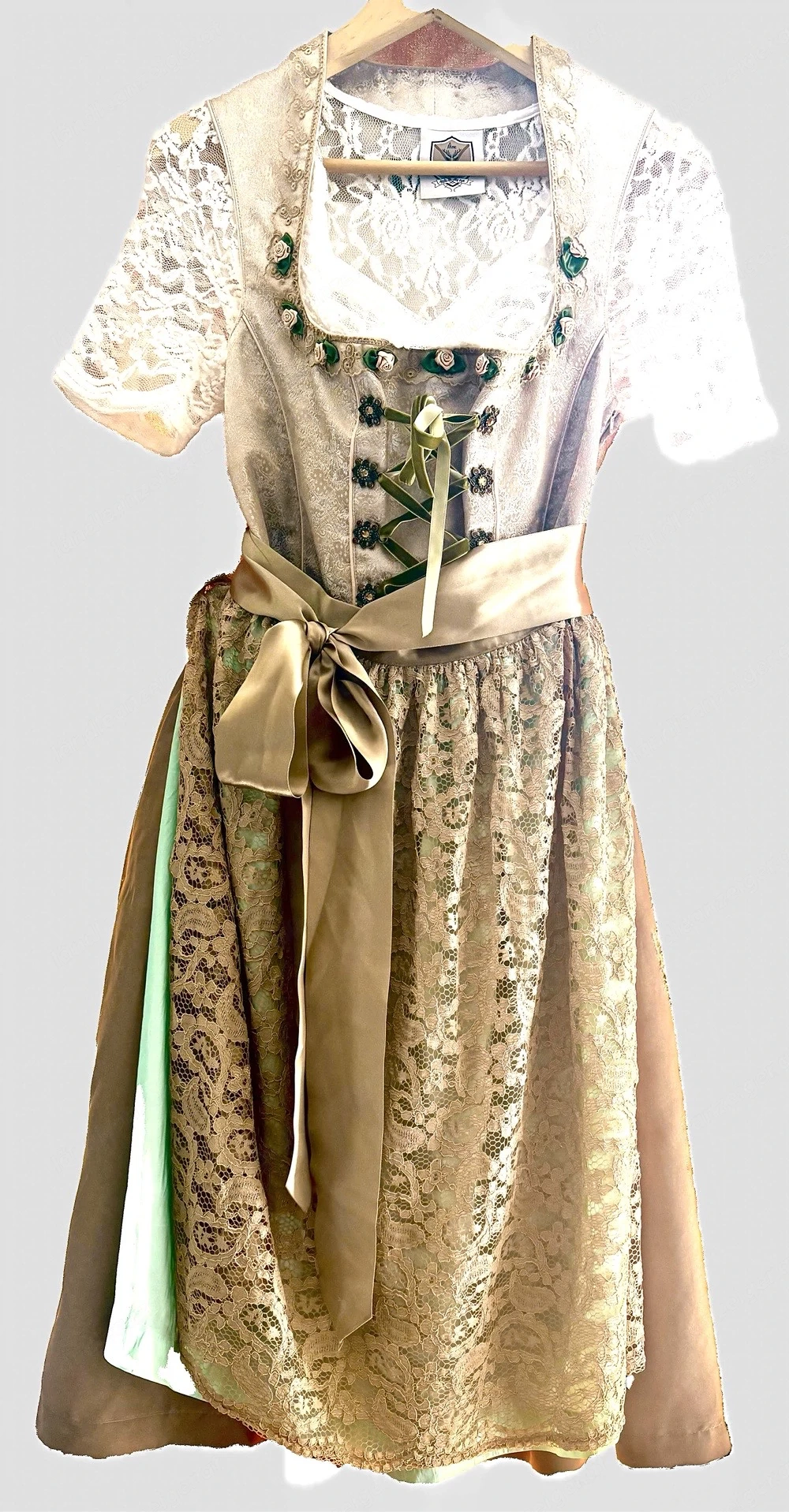 Country Line Dirndl Gr. 44 mit Spitzenschürze & Dirndlbluse   Taupe Mint