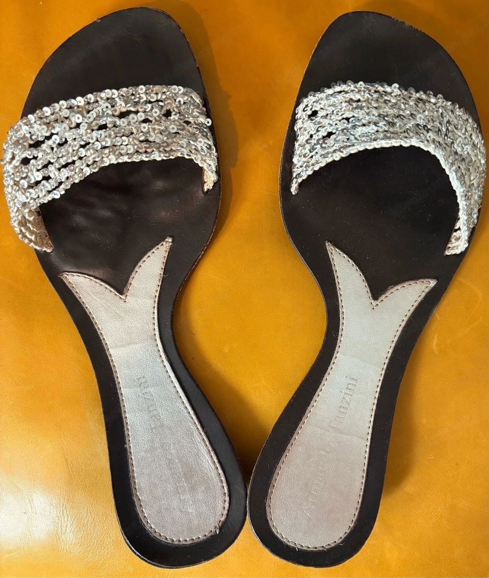Italienische Pailletten-Sandalen   Pantoletten Silber   Gr. 39