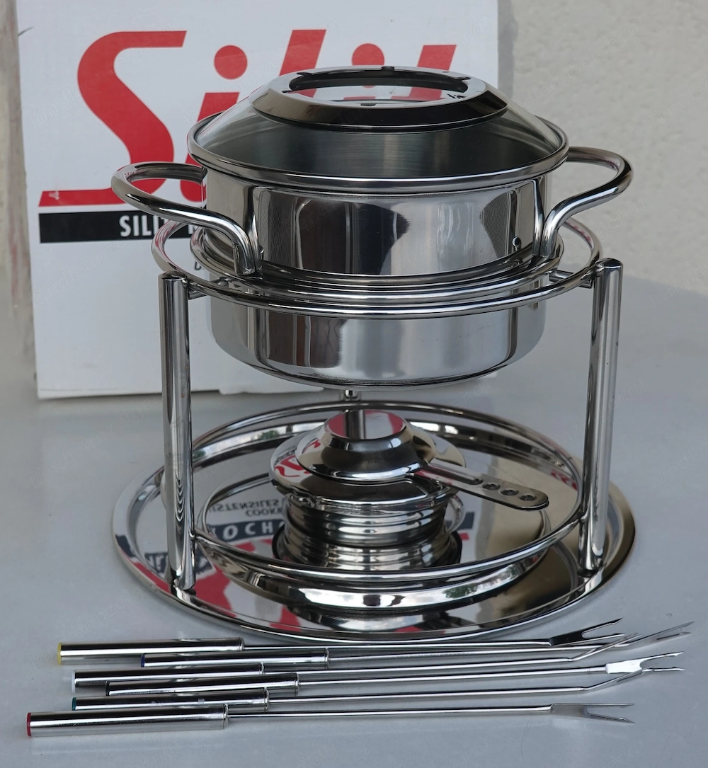 Silit Visio Fondue-Set Edelstahl Rostfrei: 6 Fonduegabeln, Glas-Spritzschutz, Rechaud m. Brenner 