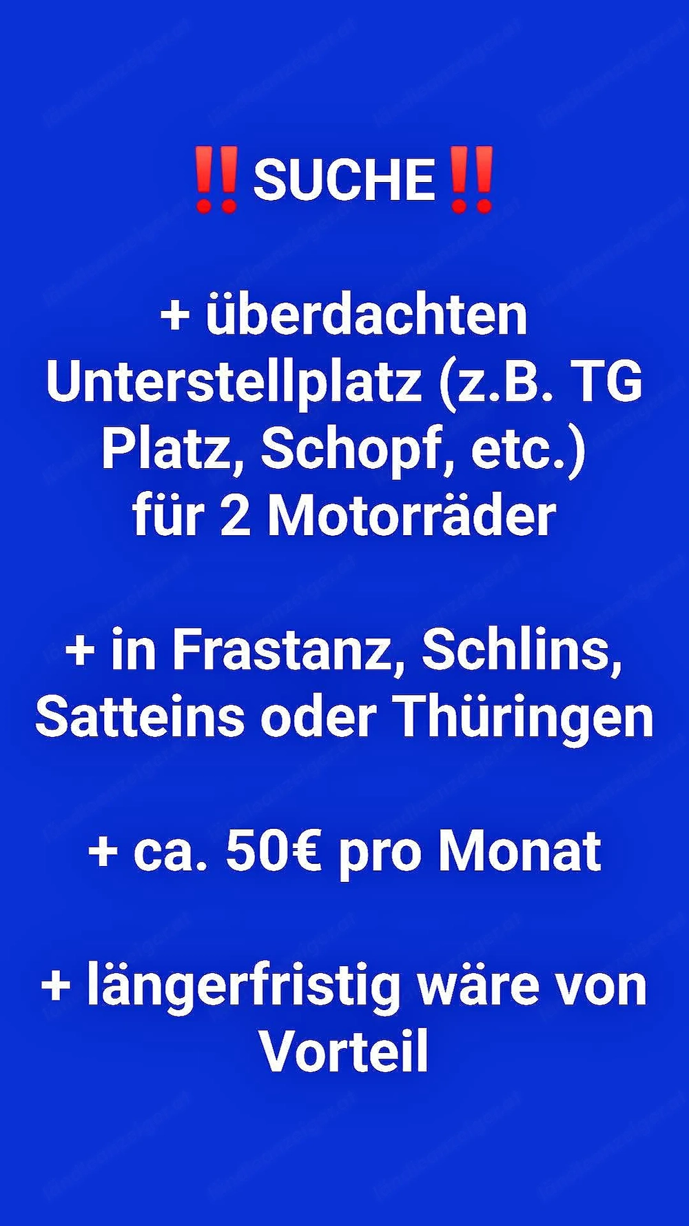 SUCHE überdachten Unterstellplatz für 2 Motorräder 