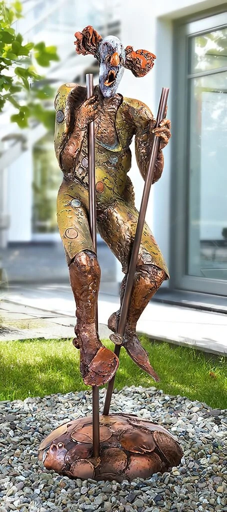 Farbenfrohe, limitierte Bronze-Clown-Skulptur   Clown auf Stelzen