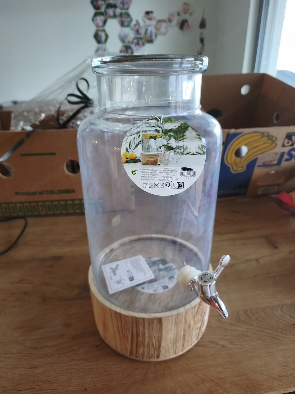 Glas Getränkespender 5,5 L mit Zapfhahn und Holzsockel