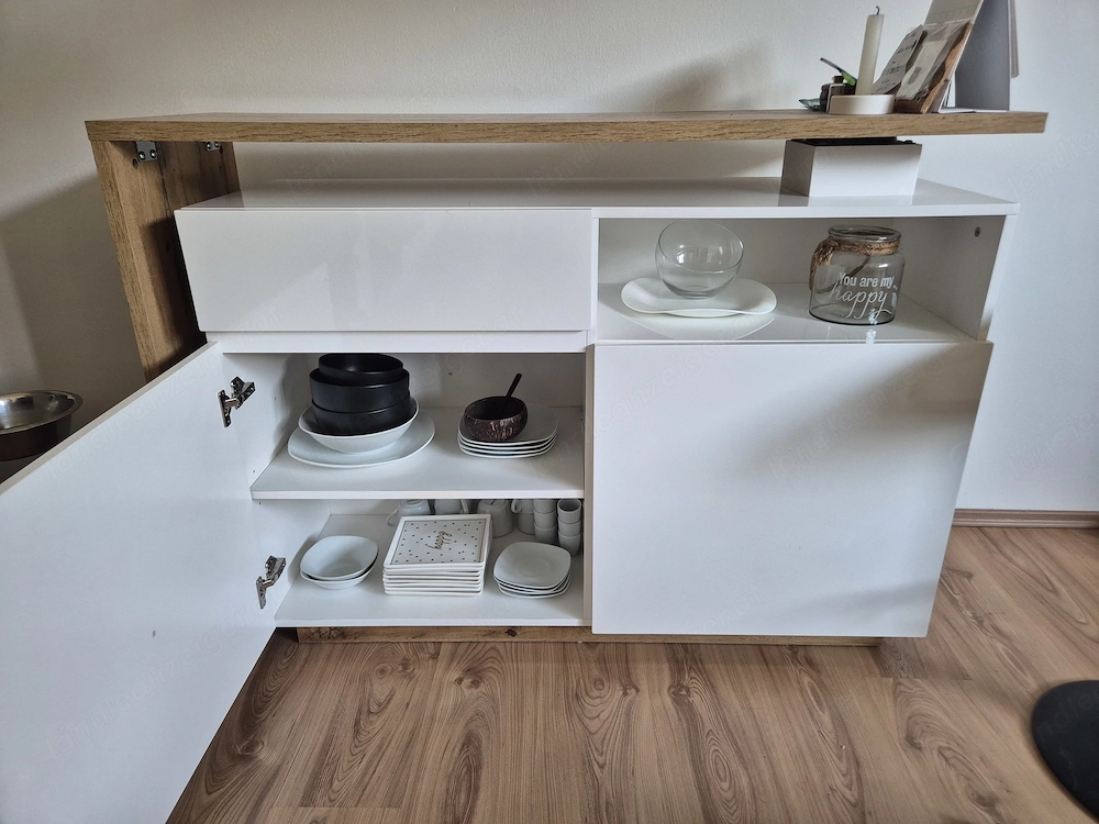 Barmöbel + Hocker;  Sideboard ELDIR mit ausklappbarer Bar   weiß & Eiche