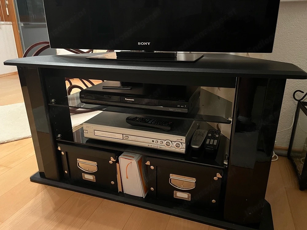 Schwarzer TV-Eckschrank   Fernsehtisch mit Glaseinlegeböden