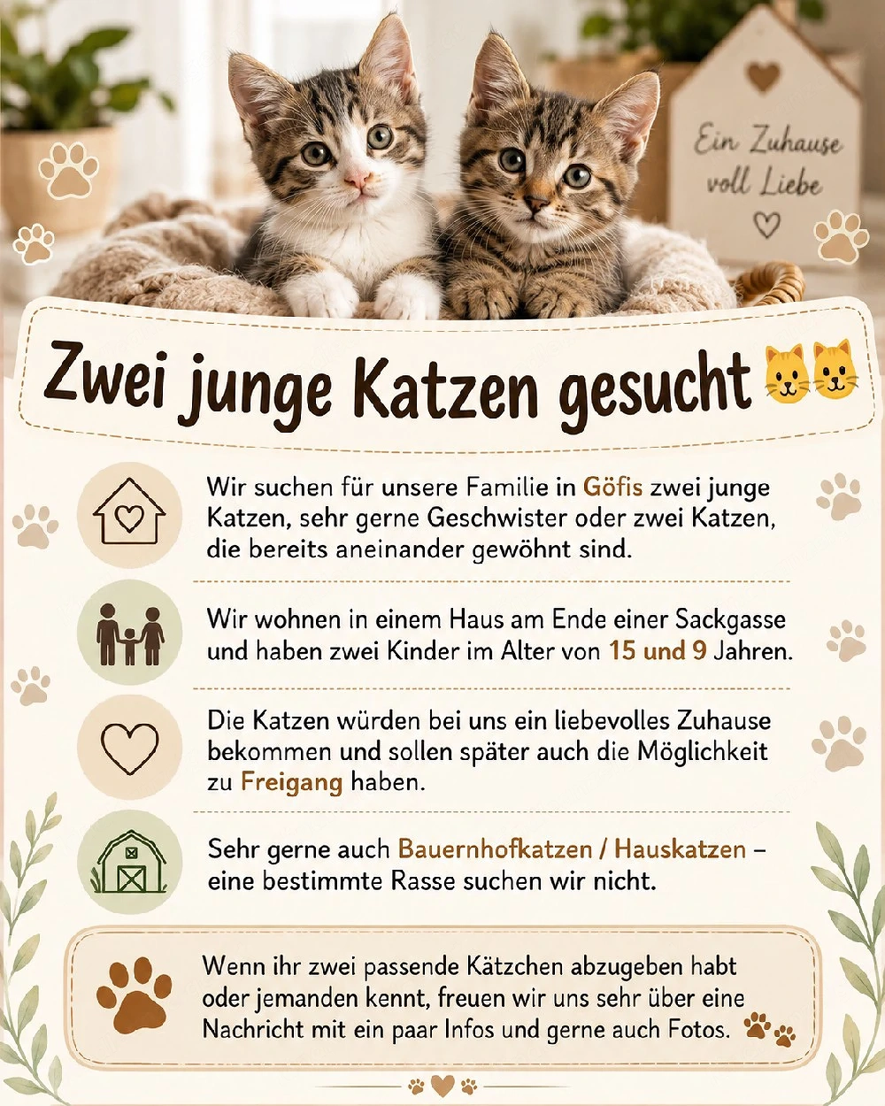 Zwei junge Katzen gesucht     