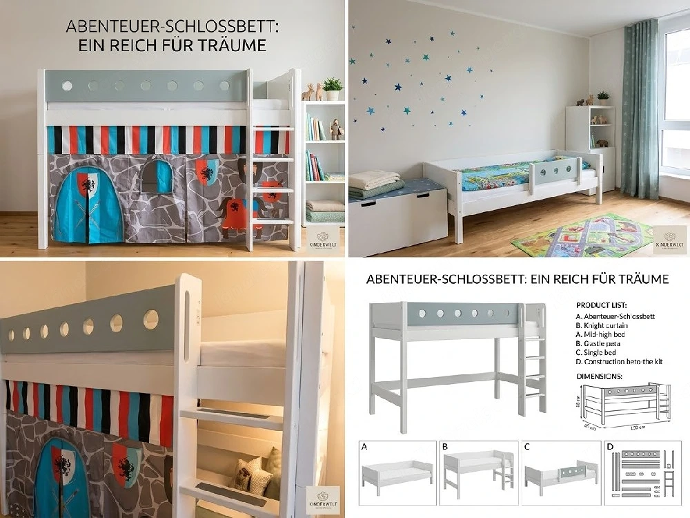 Flexa Hochbett 143 cm Höhe inkl. Spielvorhang Ritterburg 