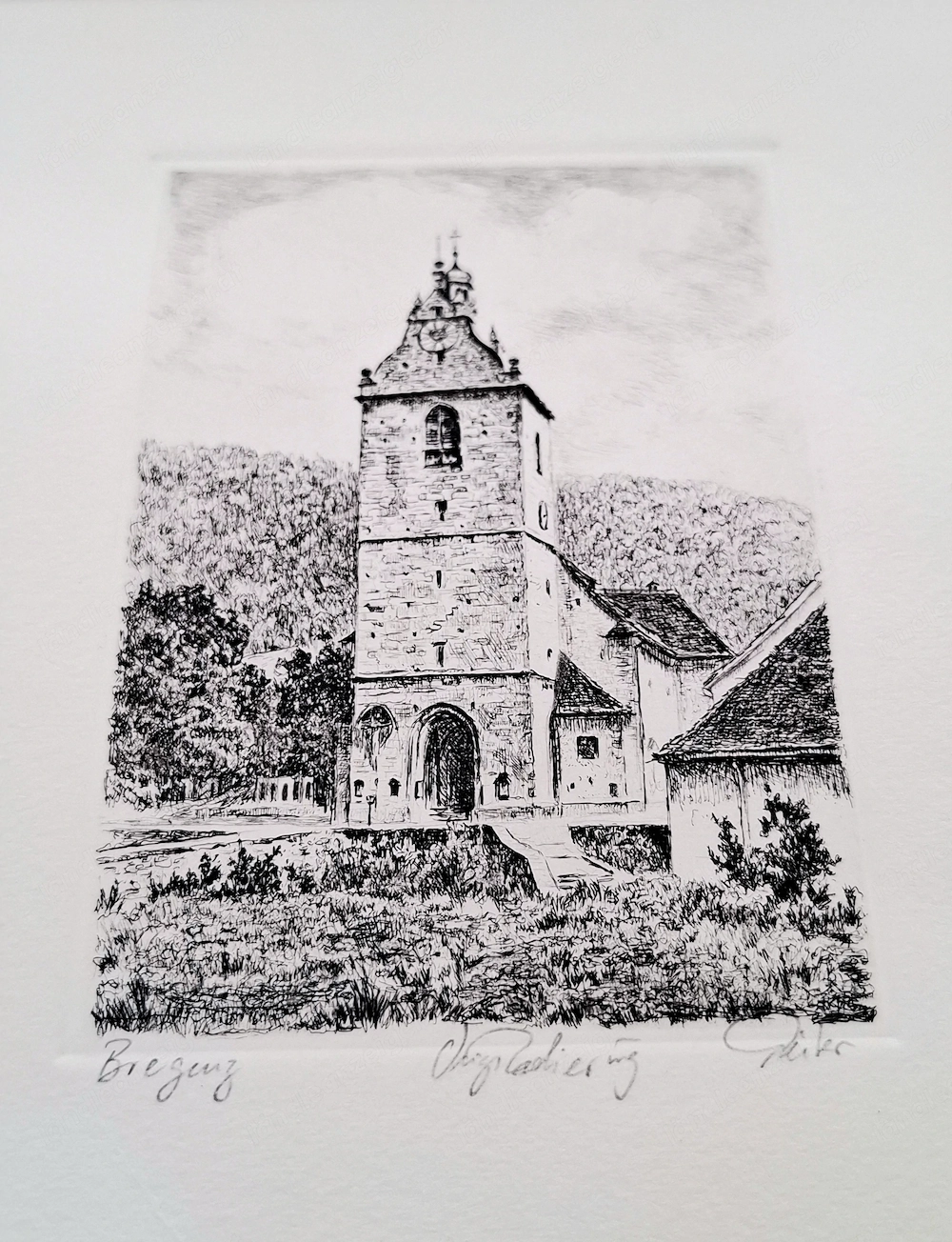 Radierung von der Galluskirche in Bregenz | Künstler siehe Signatur 