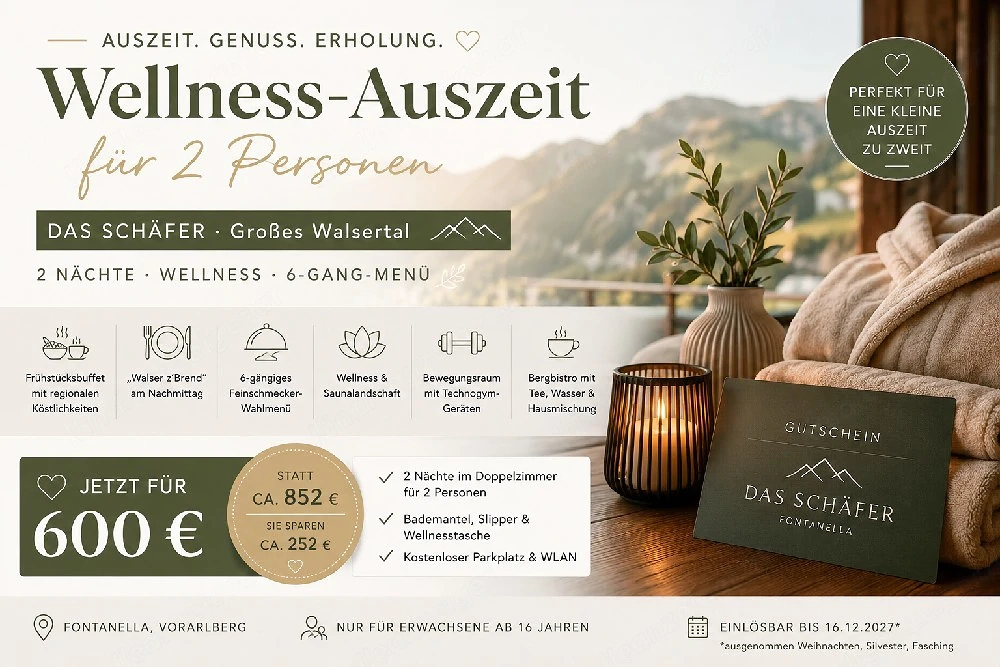 Wellness-Auszeit im Großen Walsertal für 2 Personen   Gutschein für DAS SCHÄFER             