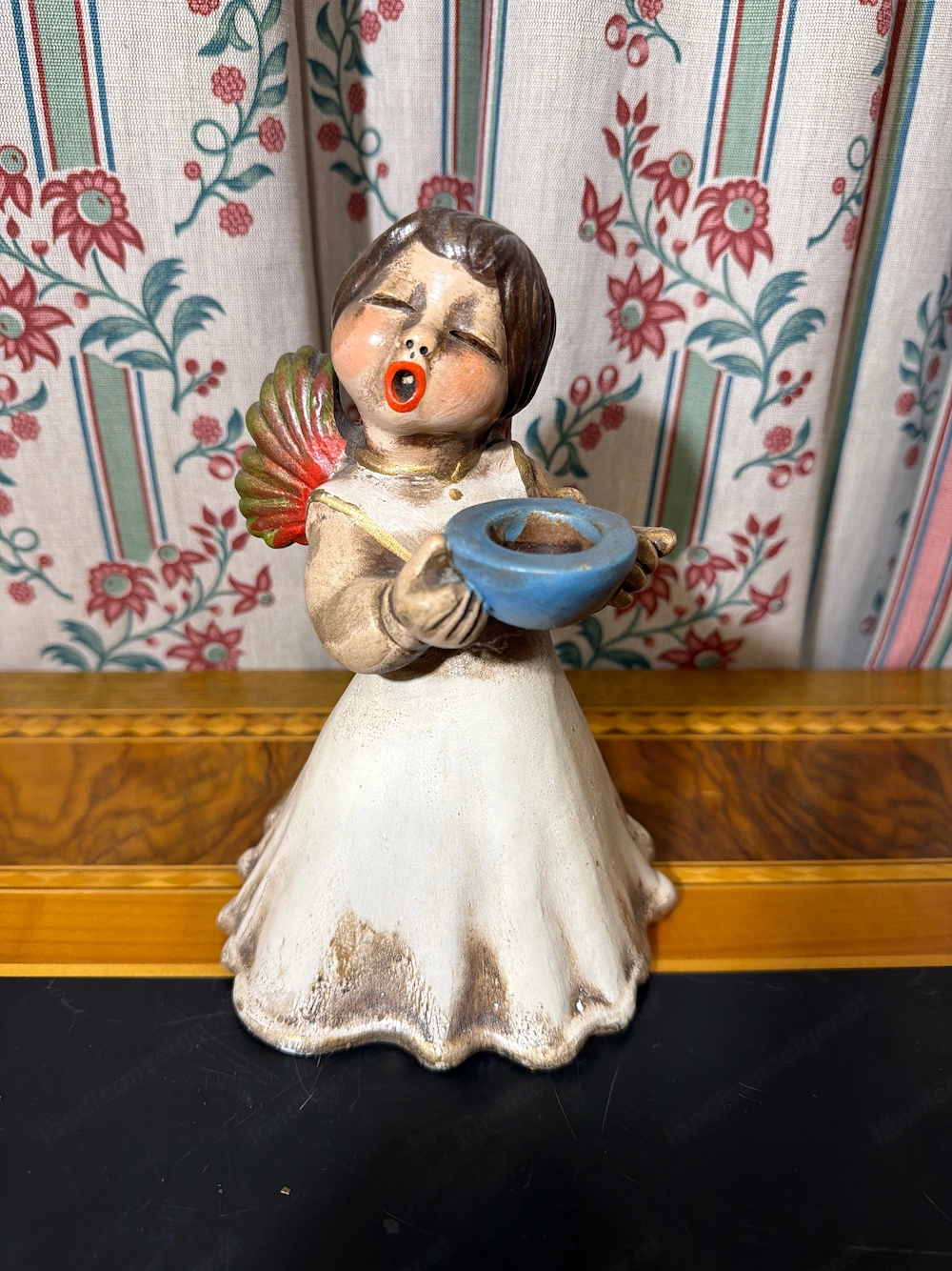 Vintage Weihnachtsengel singend mit Kerzenhalter   Schale (ca. 21 cm)   Keramik Deko