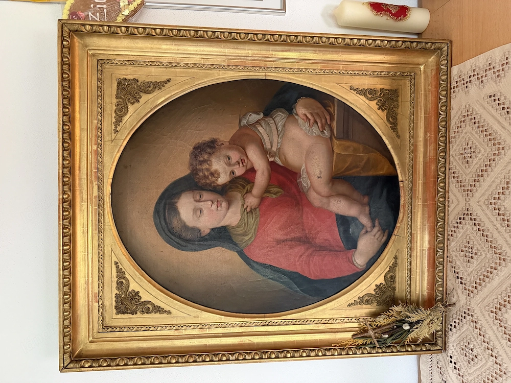 Großes antikes Ölgemälde  Madonna mit Kind  im prächtigen Goldrahmen (Prunkrahmen   Sakrale Kunst)