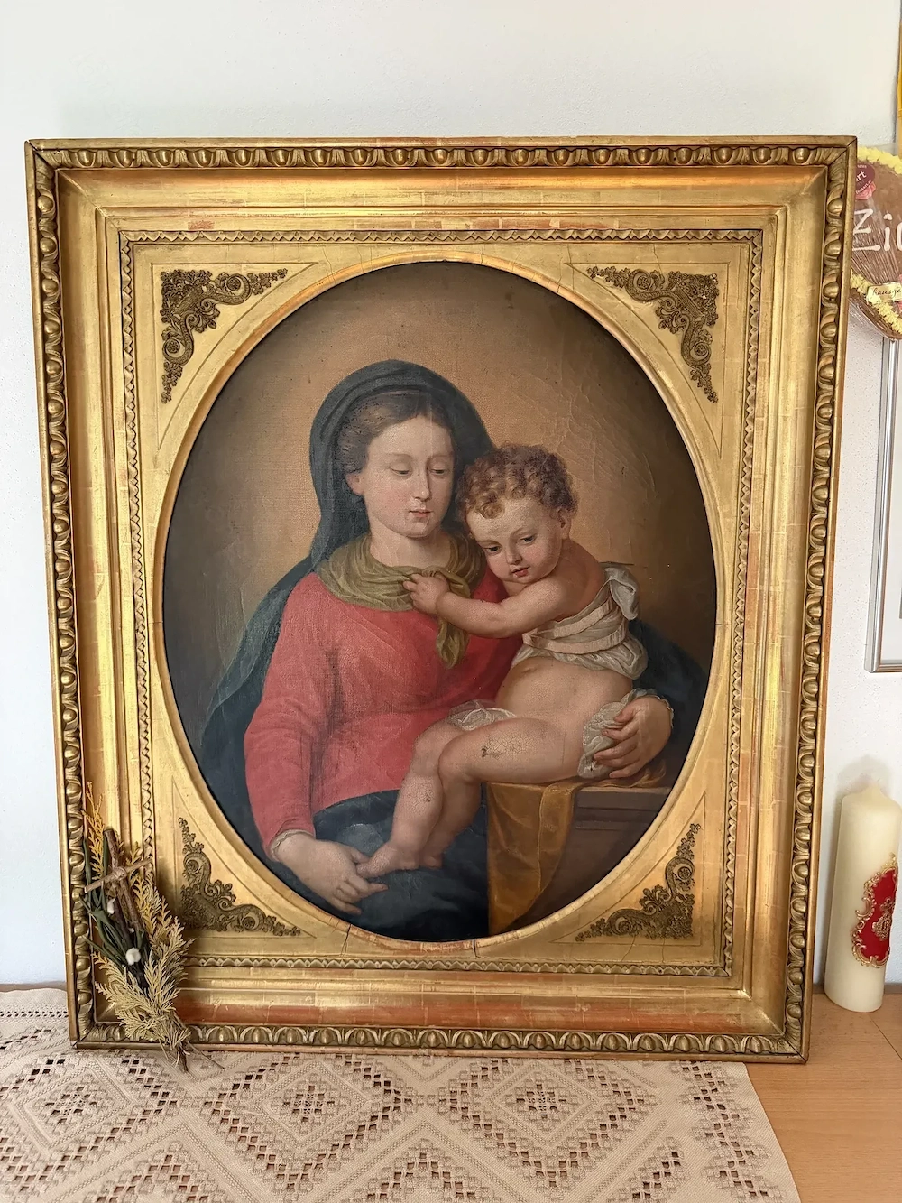 Großes antikes Ölgemälde  Madonna mit Kind  im prächtigen Goldrahmen (Prunkrahmen   Sakrale Kunst)