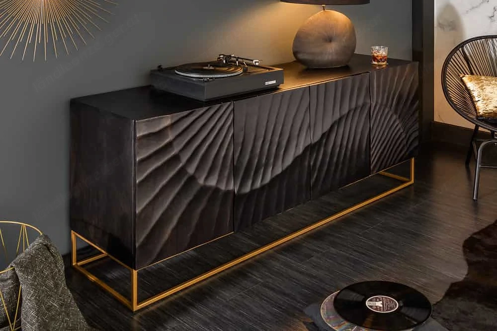 2x Sideboard Scorpion 180cm schwarz Mangoholz 3D-Schnitzerei
