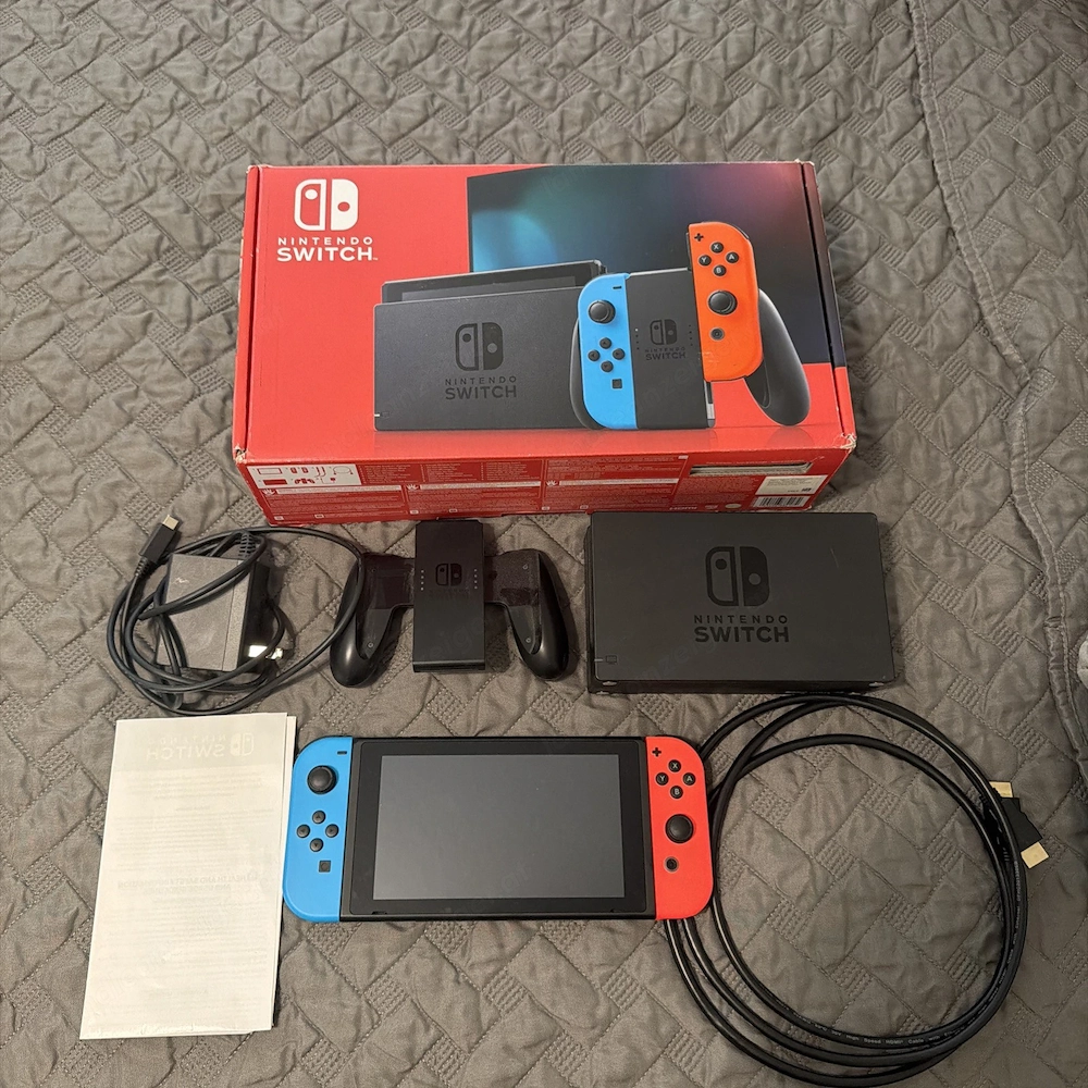 Nintendo Switch 1 32GB Console Bundle Neon Red Blue JoyCons W  OEM Dock + Cords