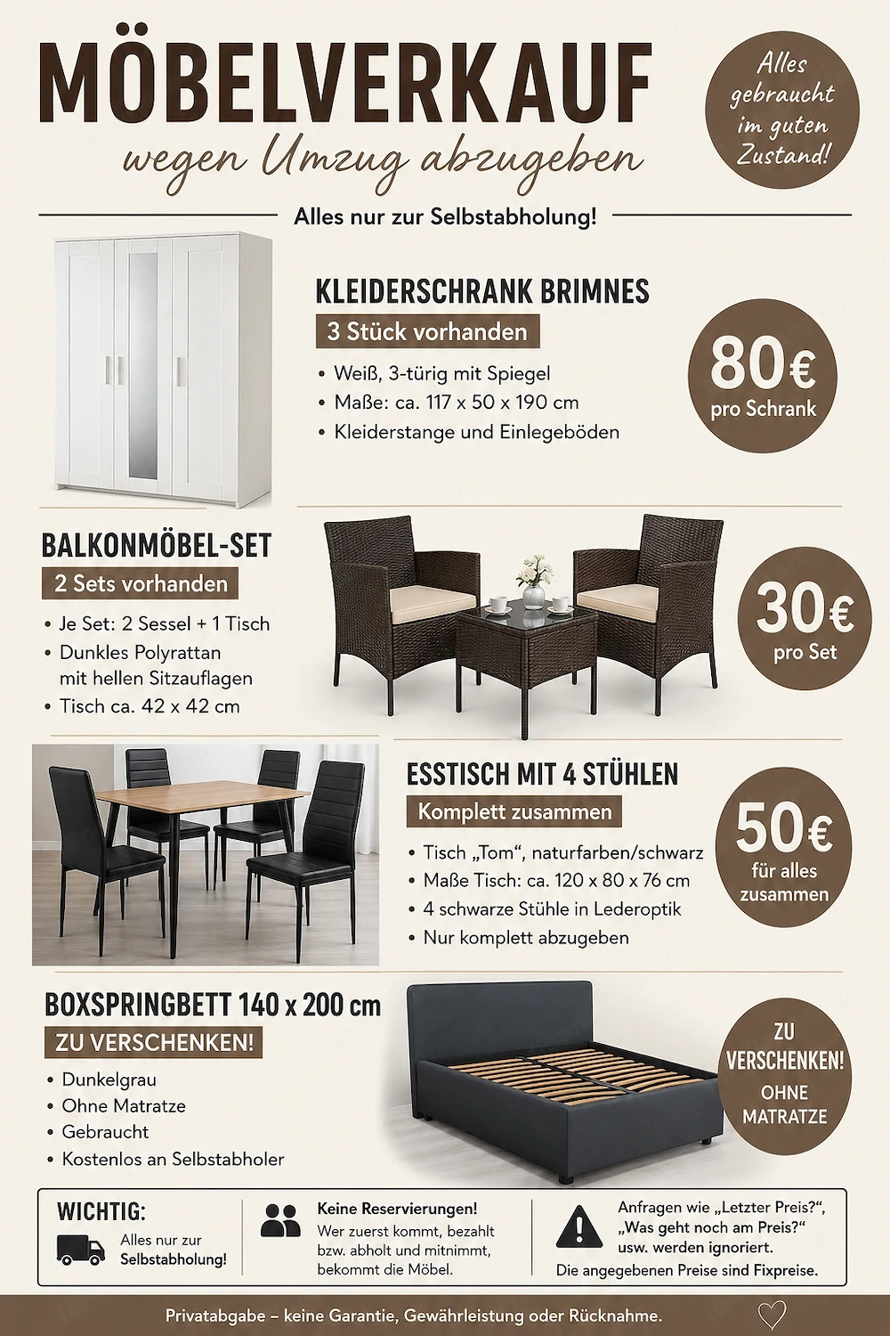 Möbelverkauf-wegen Umzug abzugeben ( Preise in der Beschreibung) 