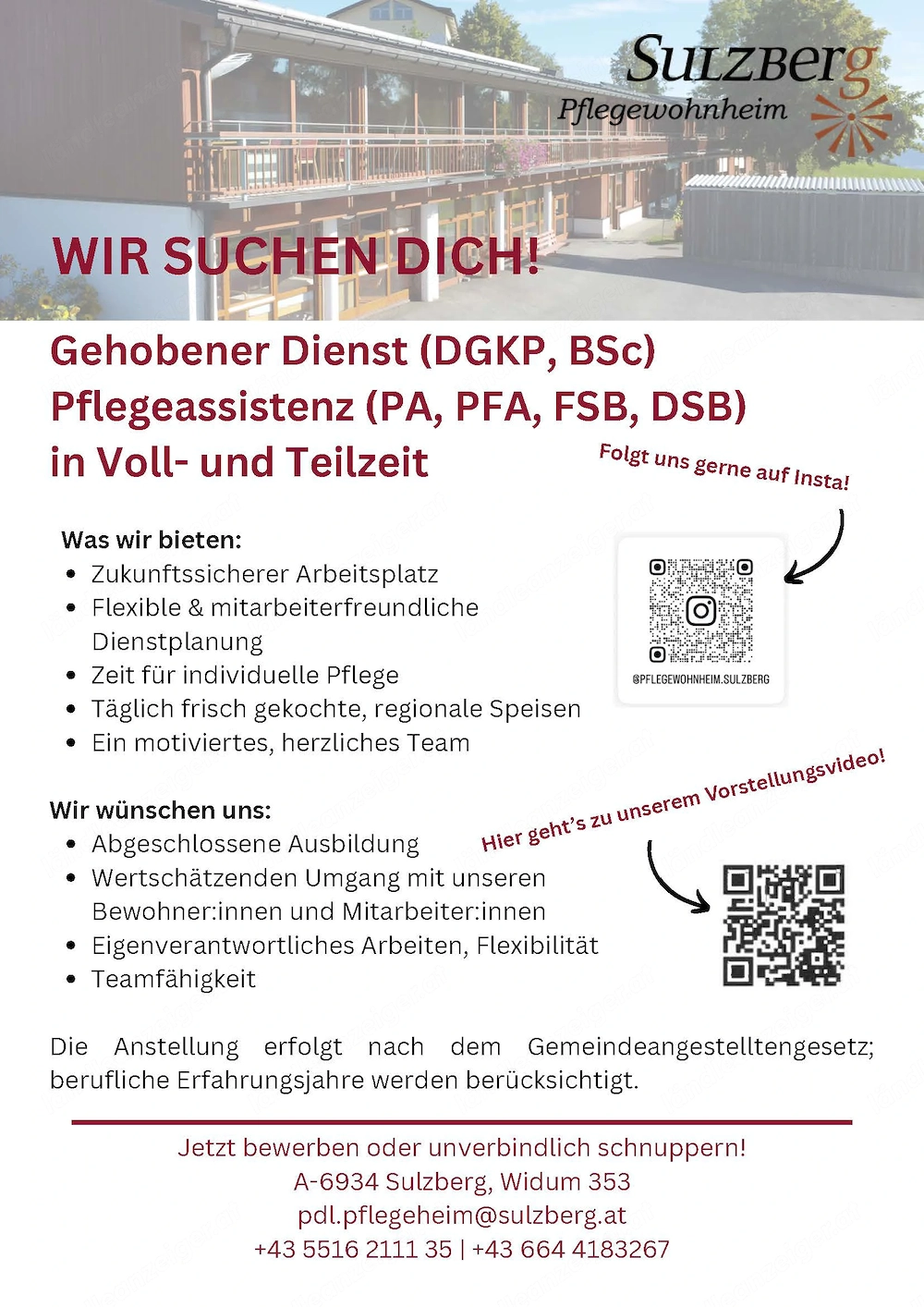 Pflegeassistenz (Voll- und Teilzeit) für das Pflegewohnheim in Sulzberg gesucht