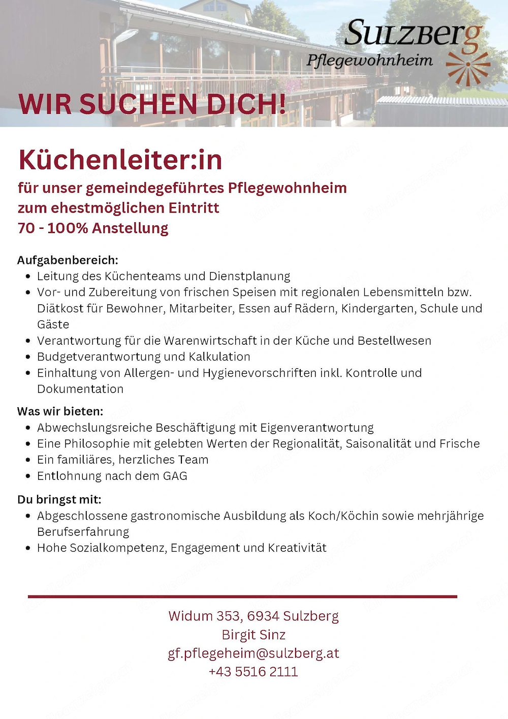 Küchenleitung (70 - 100 %) für das Pflegewohnheim in Sulzberg gesucht