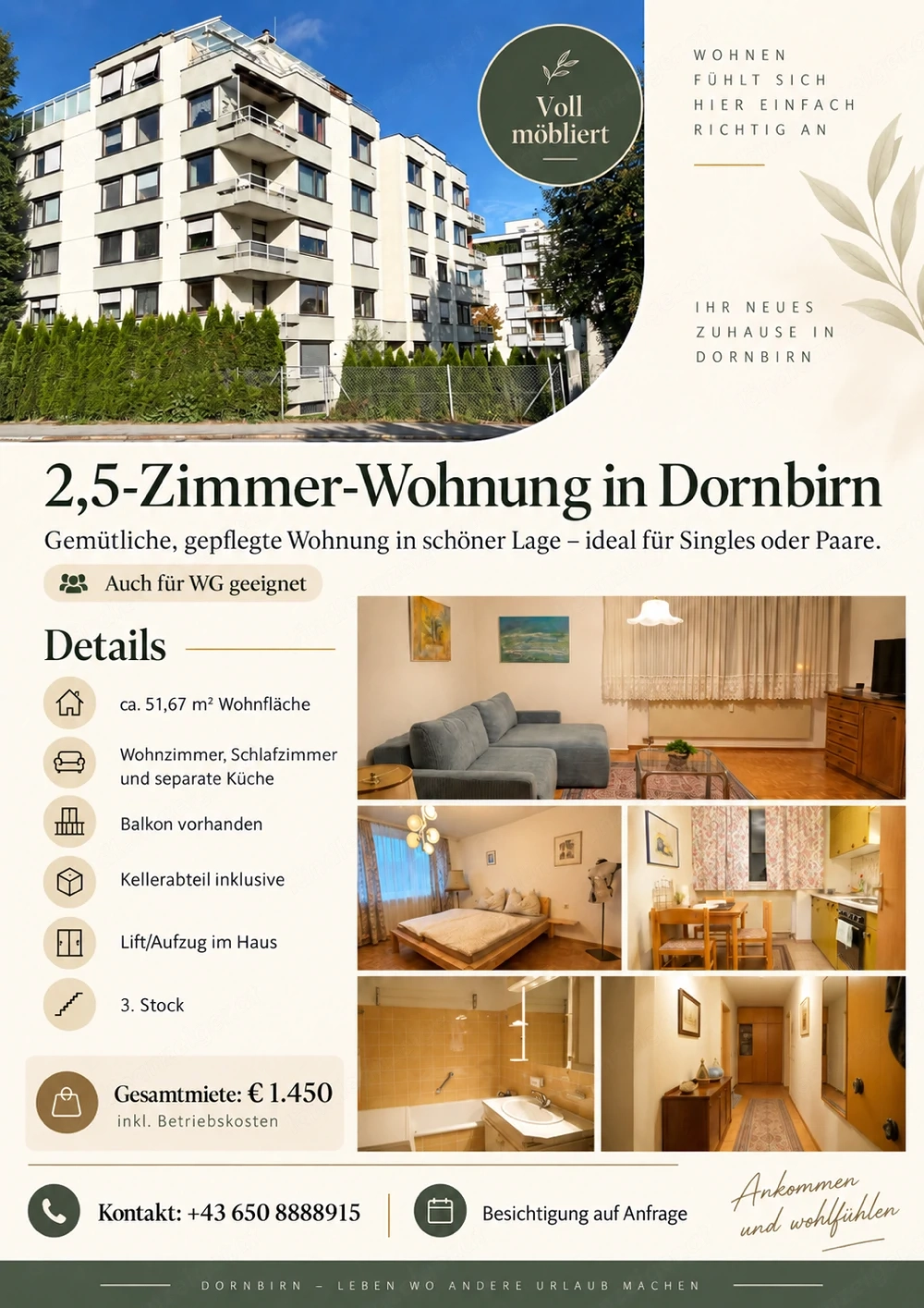 Möblierte 2,5-Zimmer-Wohnung in Dornbirn   3. Stock mit Lift