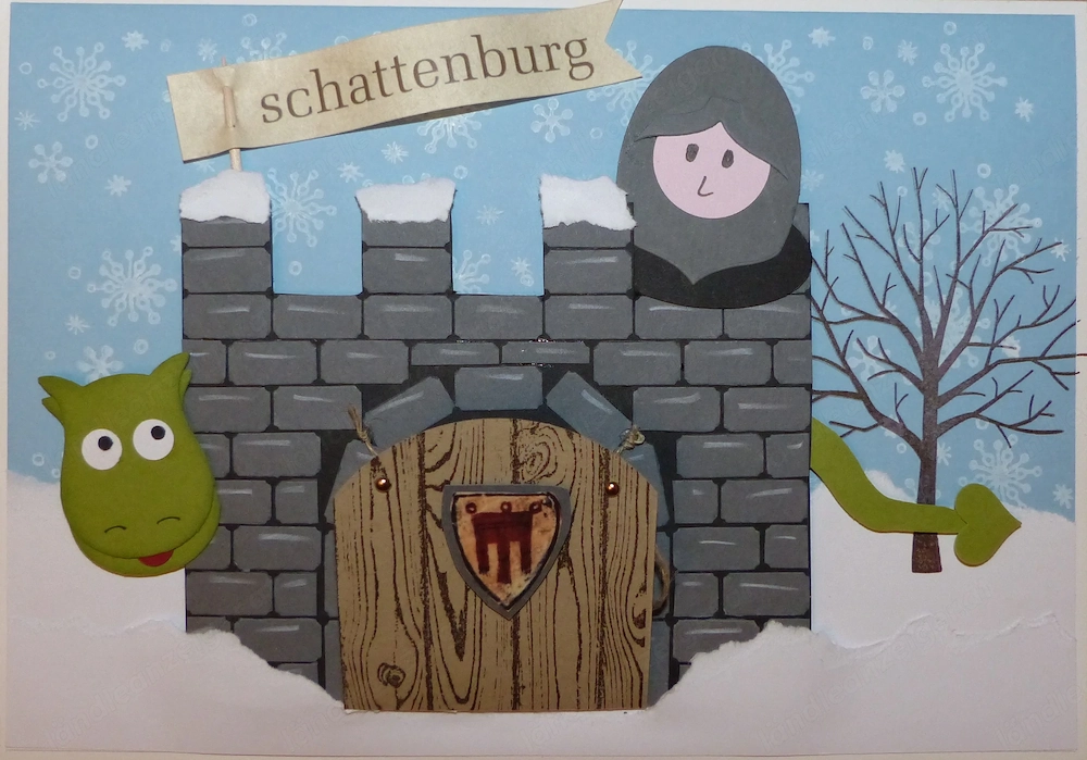  Wunderschöne handgefertigte Doppelkarte  Ritterburg im Winter    A5