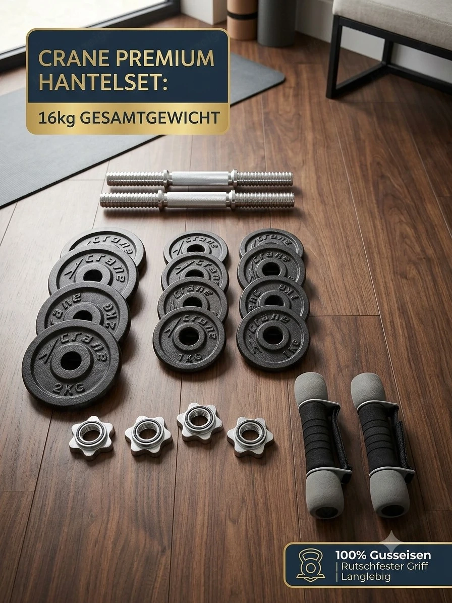 Crane Hantelset   Kurzhantel-Set mit Gusseisen-Scheiben
