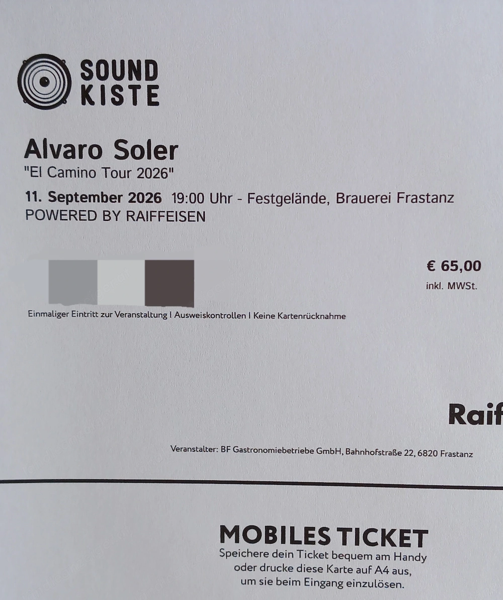 Alvaro Soler Konzertkarten 2 Stück