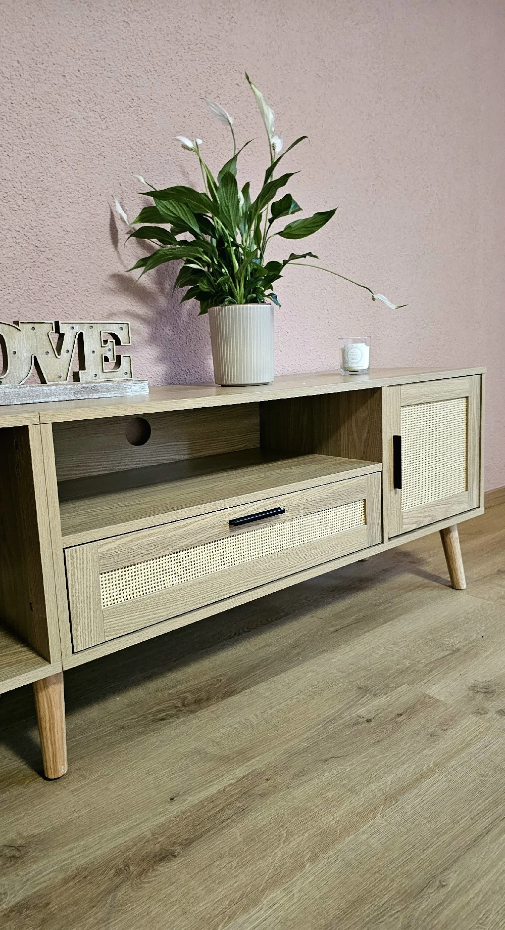 TV-SCHRANK in Eiche-Optik mit Rattan-Front | 180 cm | 2 Türen + 1 Schublade | NEU & OVP