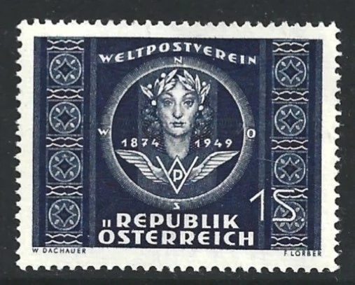 1949 ÖSTERREICH 75 J. Weitpostverein ( Mädchenkopf )