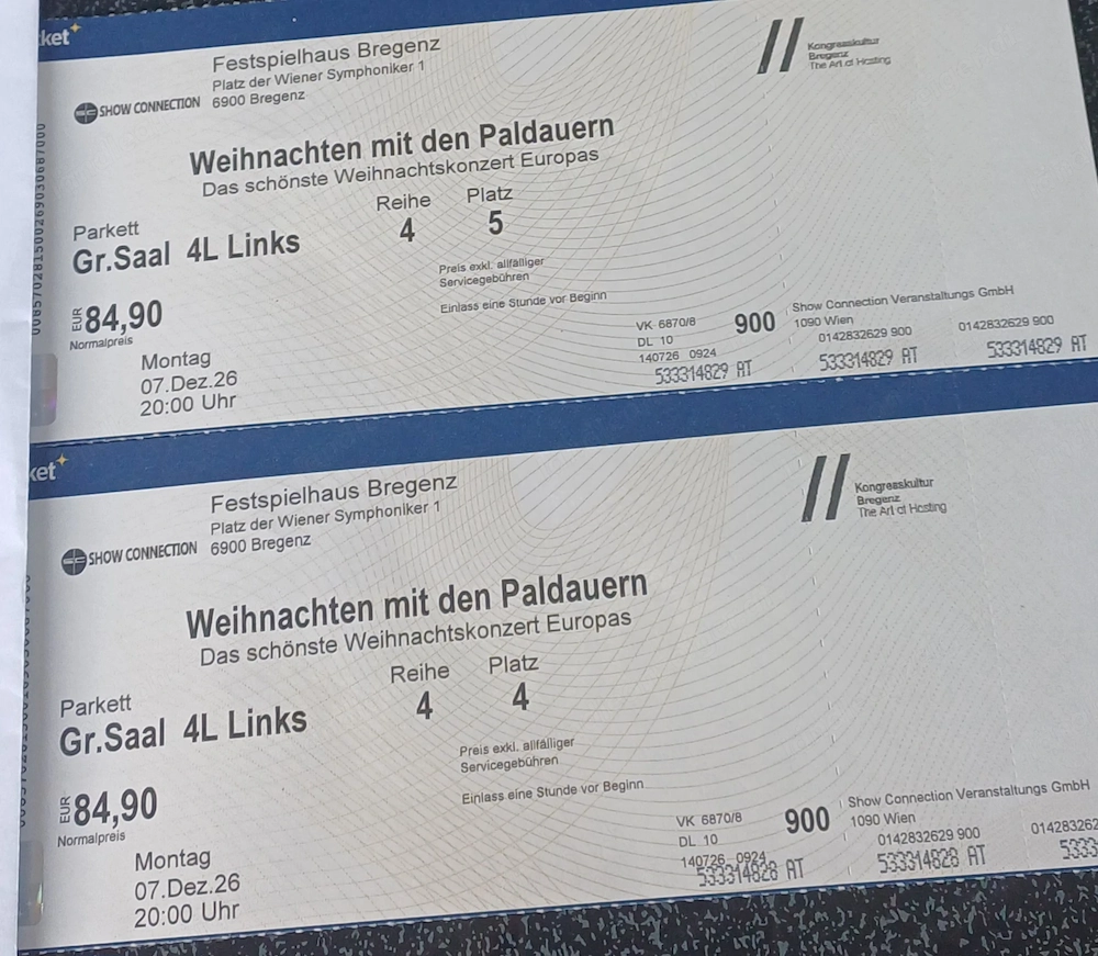 2 Tickets fuer Weihnachtskonzert mit den Paldauern statt 170, Euro umstaendehalber um 140,--
