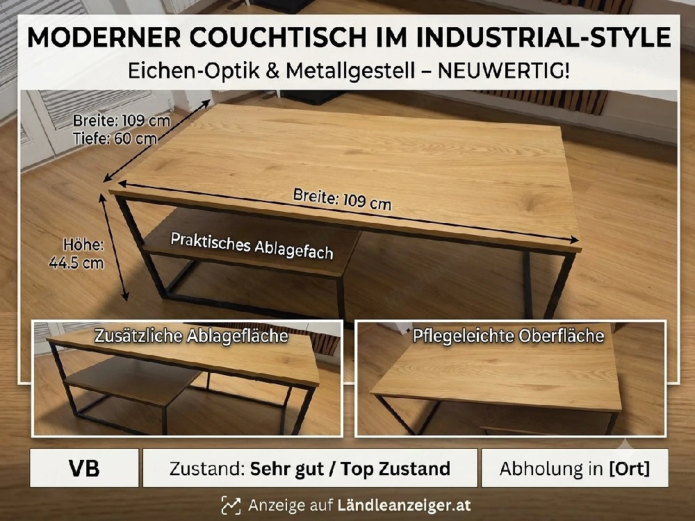 Moderne Couchtisch im Industrial Style   Eichenoptik & Metall