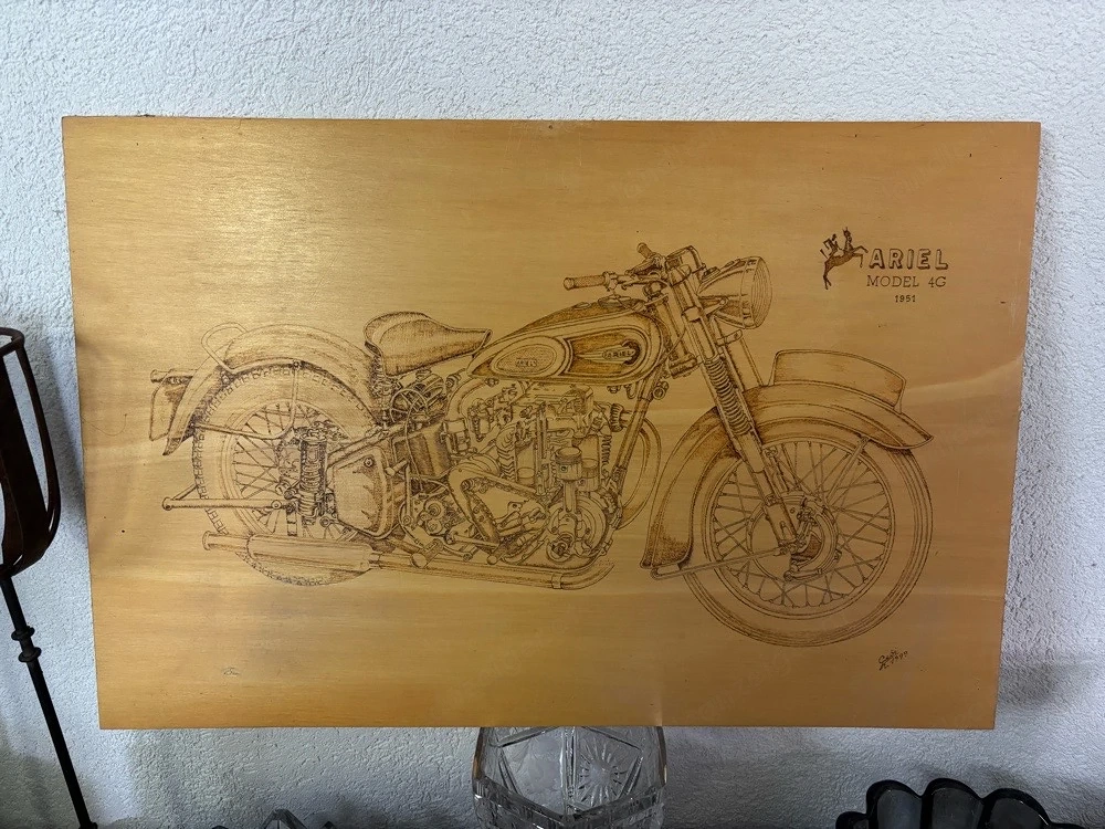 Handgefertigte Pyrographien   Brandmalerei auf Holz   Harley-Davidson & Ariel