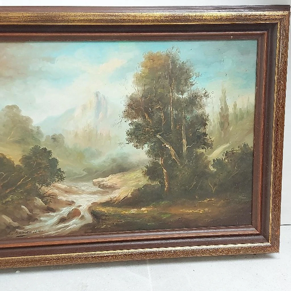 FLOHMARKT Ölgemälde Berglandschaft mit Bach Goldrahmen