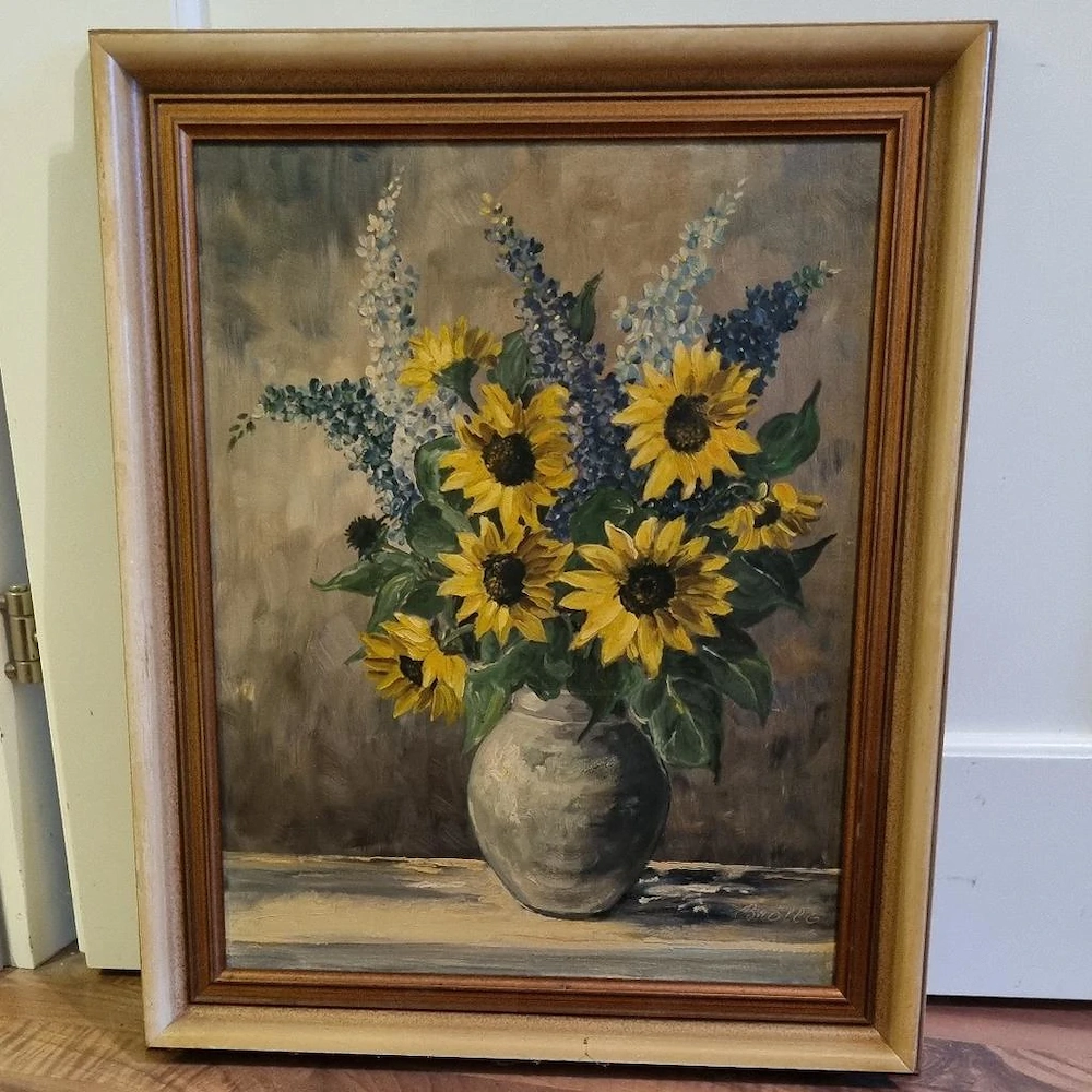 FLOHMARKT Ölgemälde "Sonnenblumen und Rittersporn"