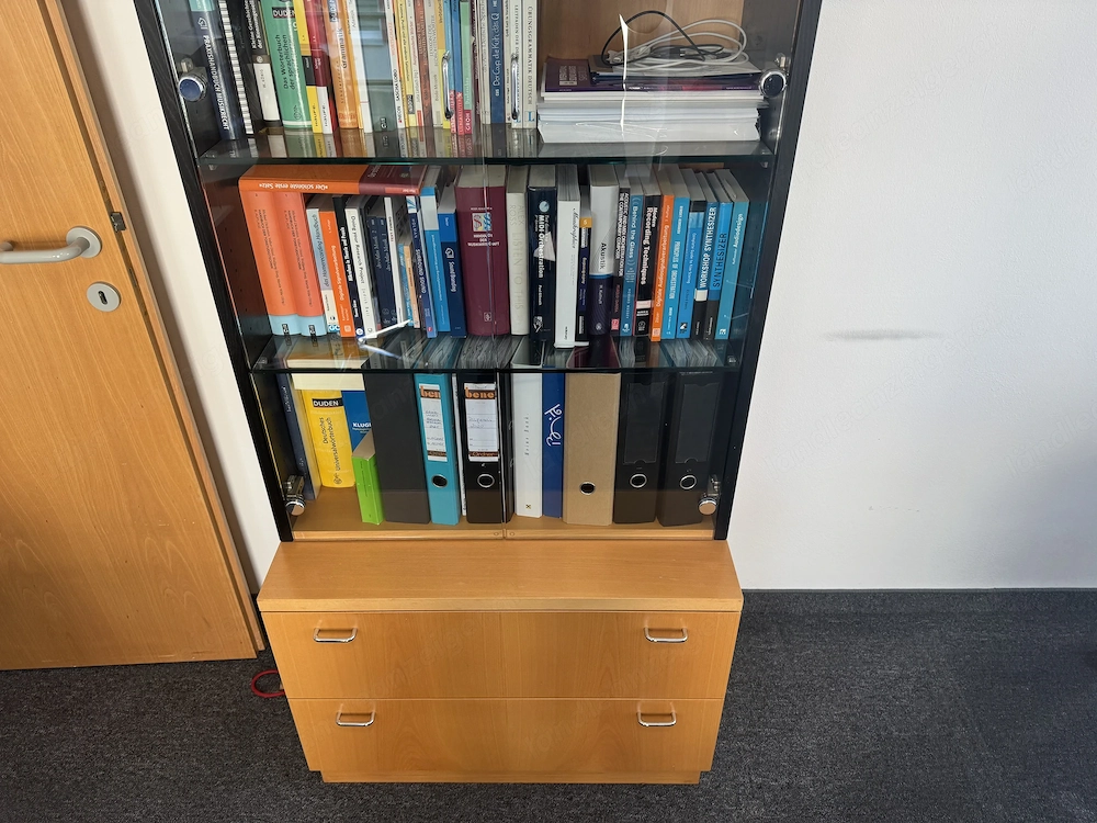 HUGL Regal Schrank Büro mit Glastüren, Glasböden und zwei Schubladen