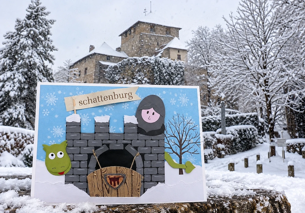 Wunderschöne handgefertigte Doppelkarte, Ritterburg im Winter, A5