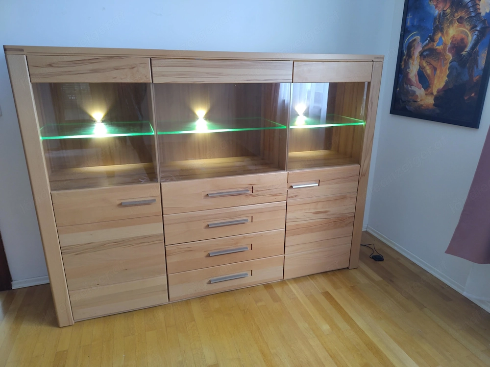 Highboard Kernbuche teilmassiv 172 cm, Vitrine mit LED, XXXLutz