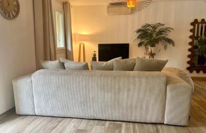 Bobochic Sofa in Beige + Hocker   Cordstoff